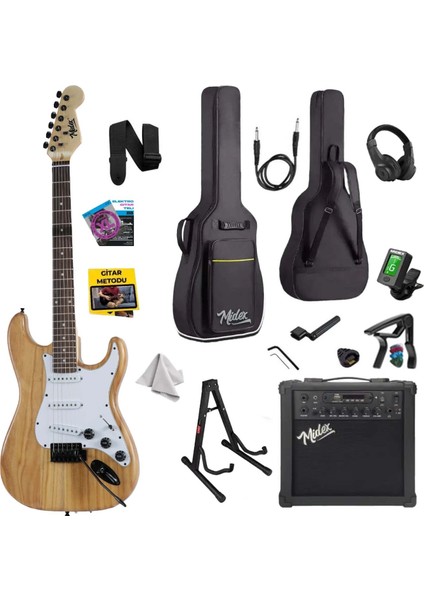 RPH-320WD-25AMP Ahşap Renk Strat Kasa Sss 25W Amfili Elektro Gitar Seti