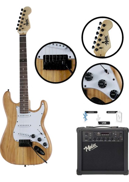 RPH-320WD-25AMP Ahşap Renk Strat Kasa Sss 25W Amfili Elektro Gitar Seti modelleri