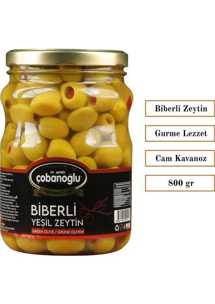 Çobanoğlu Biberli Yeşil Zeytin -Cam Kavanoz