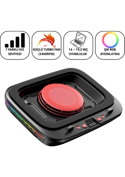 7 Kademeli Turbo Fanlı Rgb Laptop Soğutucu | 2400 Rpm Güçlü Soğutma | 14-19.3” Uyumlu Stand