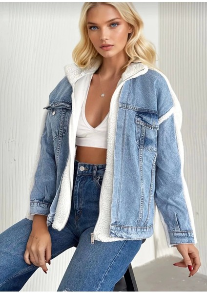 Kürklü Kot Ceket Mavi T7009