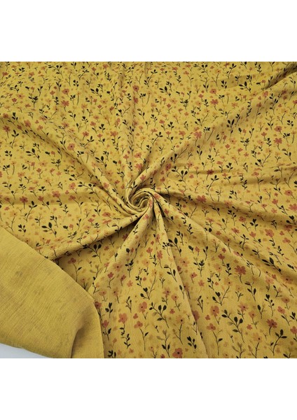 Baskılı %100 Pamuk 2 Katlı Hardal Krinkıl Müslin Kumaş | Desen 1