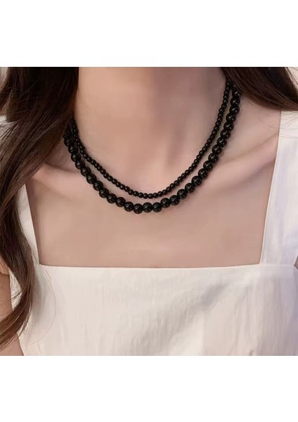 Şıklığınızı Tamamlayan Iki Katlı Siyah Inci Kadın Kolye