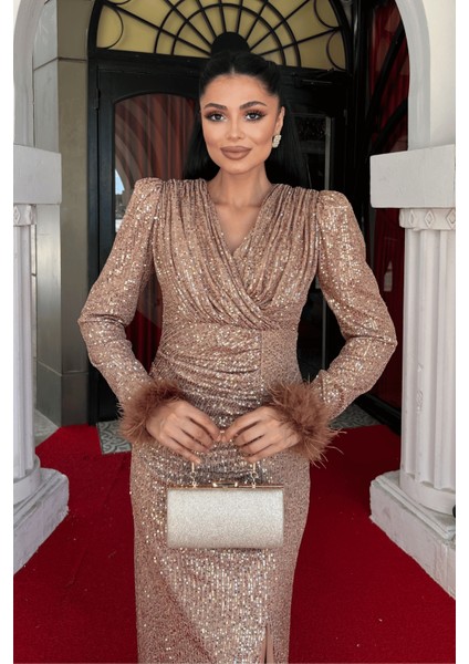 Pul Payet Kumaş Otriş Detaylı Abiye Elbise - Bronz modelleri