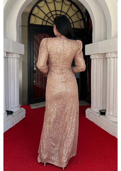 Pul Payet Kumaş Otriş Detaylı Abiye Elbise - Bronz indirimleri