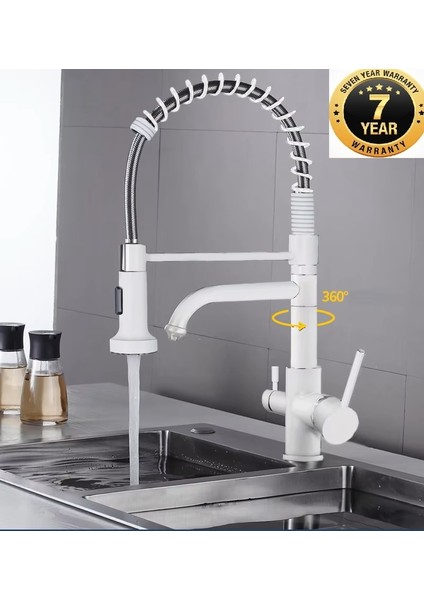 Mutfak Evye Bataryası Dual Flow Su Arıtma Çıkışlı Spiralli ve Fiskiyeli Beyaz 7 Yıl Garanti Ithal