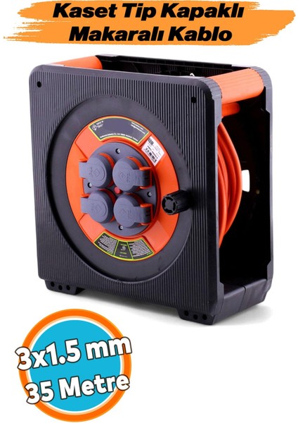 Seyyar Makaralı Cca Uzatma Kablosu 3x1.5 mm 35 mt Kapaklı 4 Prizli Monofaze Termal Sigortalı Plastik