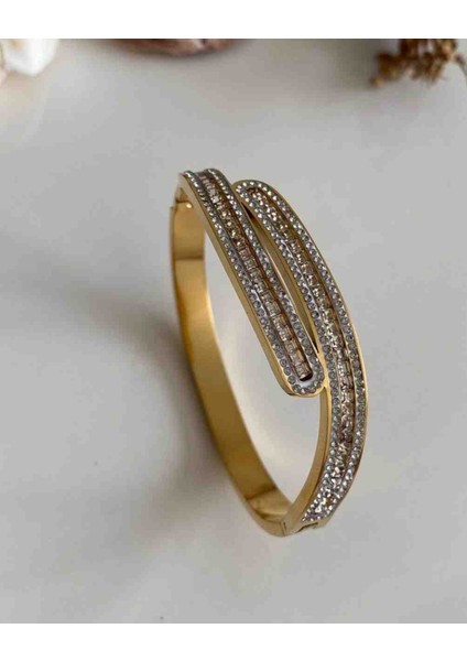 Gold Taşlı Asimetrik Model Çelik Kelepçe 17-18 cm