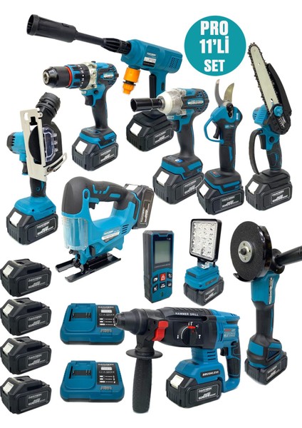 Dawreektech 11'li Şarjlı Pro Set Kırıcı-Taşlama-Matkap-Budama Makas Testeresi -Yıkama-Dekupaj