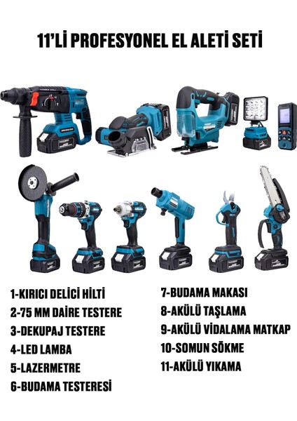 Dawreektech 11'li Şarjlı Pro Set Kırıcı-Taşlama-Matkap-Budama Makas Testeresi -Yıkama-Dekupaj modelleri