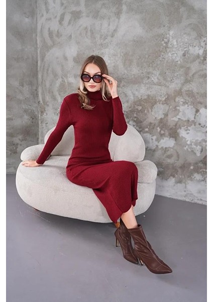 Fitilli Triko Elbise Bordo
