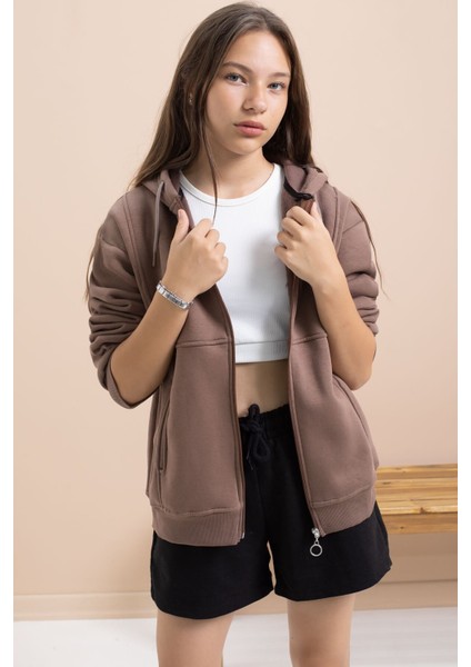 Kahverengi Kız Çocuk Şardonlu Kapüşonlu Hırka 21521