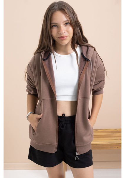 Kahverengi Kız Çocuk Şardonlu Kapüşonlu Hırka 21521 modelleri