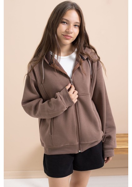 Kahverengi Kız Çocuk Şardonlu Kapüşonlu Hırka 21521 fırsatları