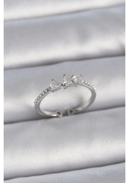 Bfs Pirinç Gümüş Renk Zirkon Taşlı Kalp Inci Detay Ayarlanabilir Model Kadın Yüzük