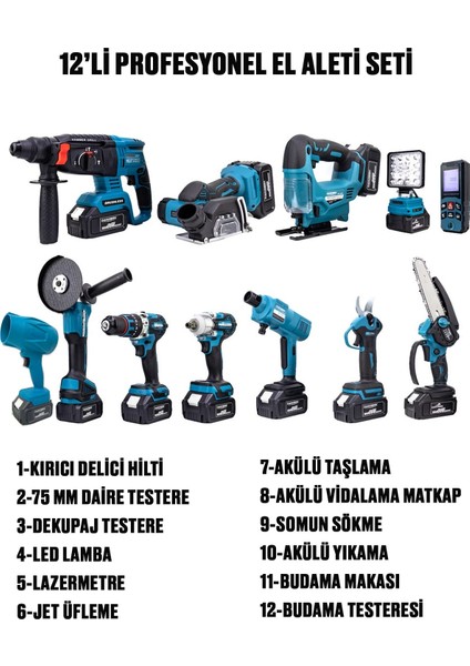 Dawreektech 12'li Şarjlı Set Jet Üfleme-Matkap-Taşlama-Budama Makas-Testere-Yıkama-Dekupaj modelleri