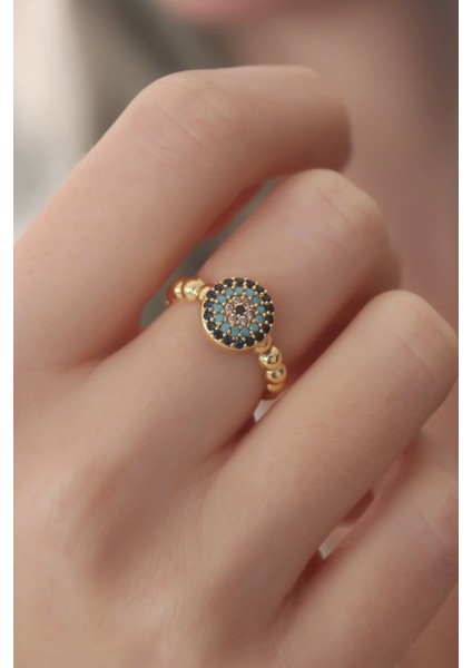 Bfs Gold Renk Nazar Boncuk Figür Zirkon Taş Detay Kadın Yüzük