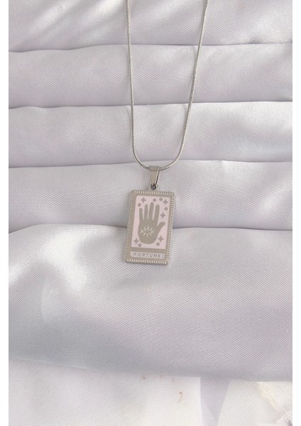 Bfs 316L Çelik Gümüş Renk Pembe Mineli El Figür Tarot Kolye