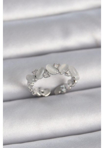 Bfs Pirinç Gümüş Renk Ayarlanabilir Zirkon Taşlı Beyaz Mineli Model Kadın Yüzük