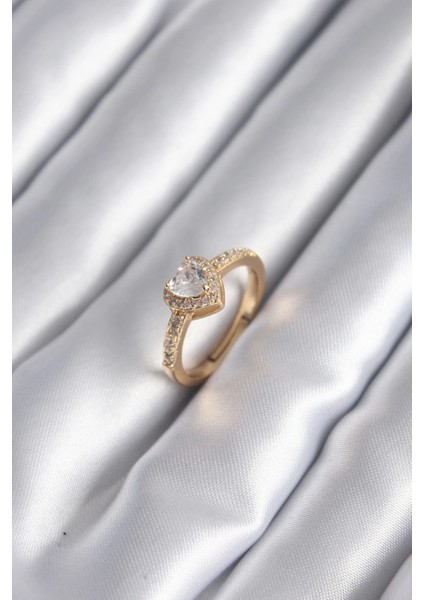 Bfs Pirinç Gold Renk Zirkon Taşlı Kalp Charm Model Kadın Yüzük