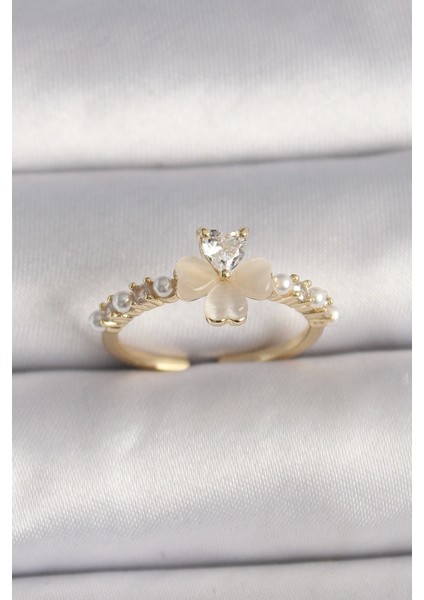 Bfs Pirinç Gümüş Renk Zirkon Taşlı Beyaz Mineli Yonca Model Inci Detay Ayarlanabilir Yüzük