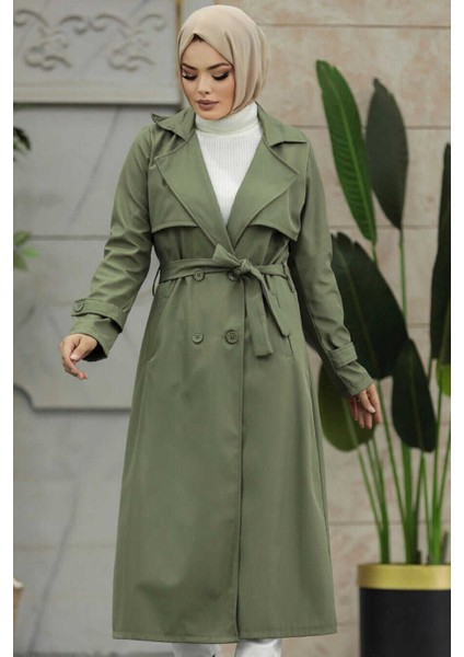 Düğmeli Haki Tesettür Trençkot 6103HK