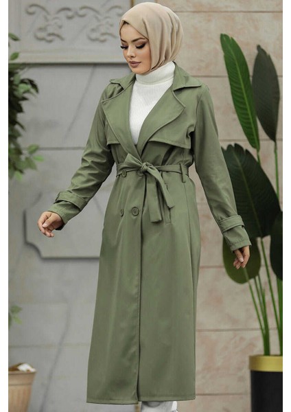 Düğmeli Haki Tesettür Trençkot 6103HK modelleri