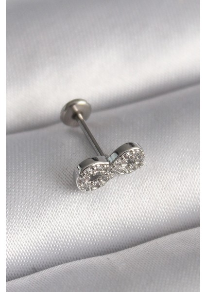 Bfs 316L Çelik Gümüş Renk Zirkon Taşlı Sonsuzluk Model Tragus Piercing