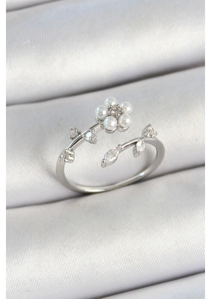 Bfs Pirinç Inci Detaylı Papatya Figürlü Zirkon Taşlı Gümüş Renk Ayarlanabilir Kadın Yüzük