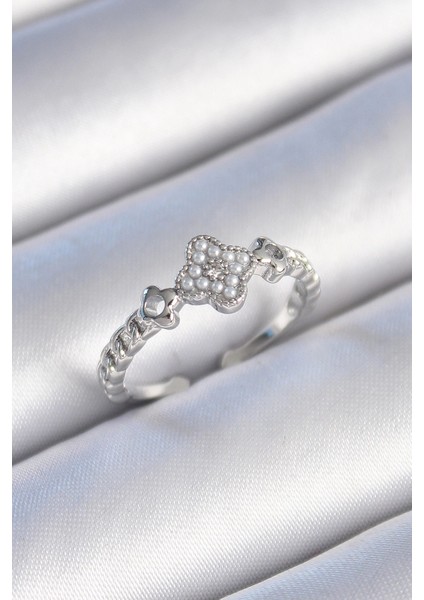 Bfs Pirinç Gümüş Renk Incili Yonca Model Zirkon Taş Detaylı Kadın Yüzük