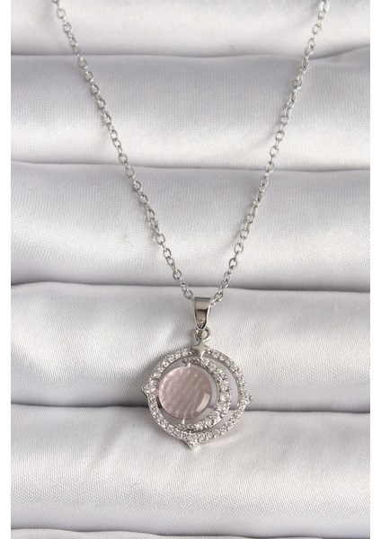 Bfs 316L Çelik Gümüş Renk Zirkon Taşlı Pembe Sedefli Hilal Model Kadın Kolye