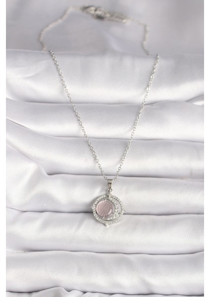 Bfs 316L Çelik Gümüş Renk Zirkon Taşlı Pembe Sedefli Hilal Model Kadın Kolye fiyatları