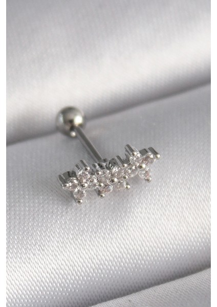 Bfs 316L Çelik Gümüş Renk Zirkon Taşlı Yonca Tragus Piercing