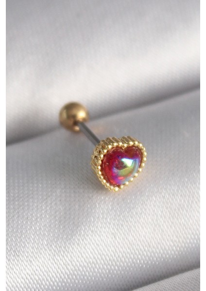 Bfs 316L Çelik Gold Renk Kırmızı Mineli Kalp Tragus Piercing