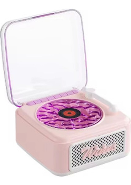 Bfs Nostalji Mini Plak Görünümlü Radyolu Bluetooth Hoparlör 3D Ses Dalgası Retro Müzik Plak Pembe