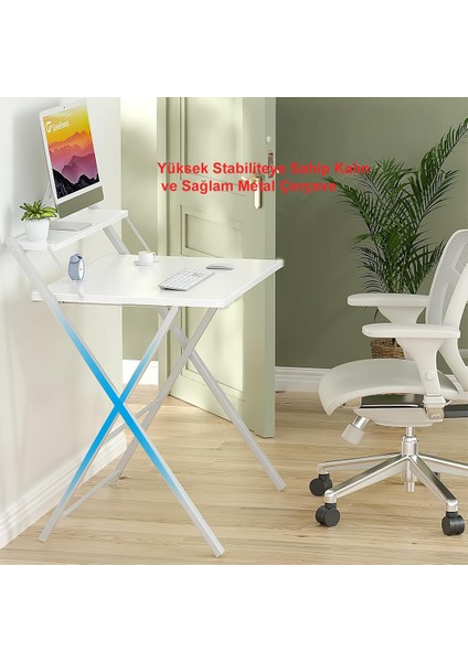 Metal Ayaklı Laptop Masası, Katlanır Çalışma Masası, Raflı Masa, Katlanır Laptop Sehpası