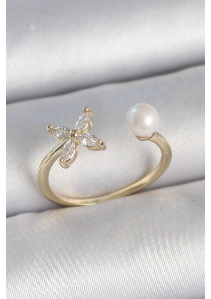 Bfs Pirinç Gold Renk Zirkon Taşlı Çiçek Model Inci Detay Ayarlanabilir Kadın Yüzük