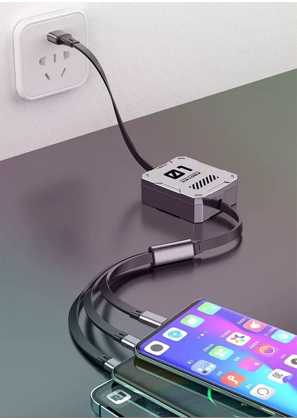 100W Geri Çekilebilir Makaralı Çoklu Şarj Kablosu Alüminyum Kutu Lightning Micro Type-C Şarj Kablosu