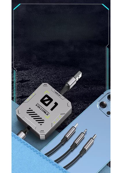 100W Geri Çekilebilir Makaralı Çoklu Şarj Kablosu Alüminyum Kutu Lightning Micro Type-C Şarj Kablosu