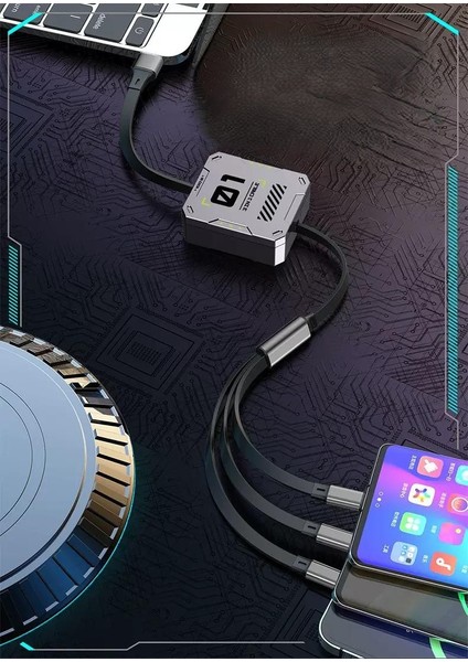 100W Geri Çekilebilir Makaralı Çoklu Şarj Kablosu Alüminyum Kutu Lightning Micro Type-C Şarj Kablosu