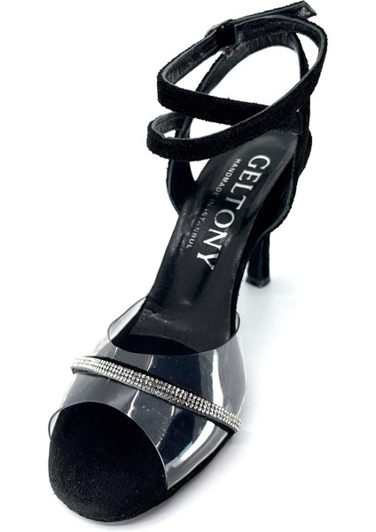 𝐕𝐄𝐋𝐋𝐀𝐑𝐈𝐀 | 𝐆𝐄𝐋𝐓𝐎𝐍𝐘® Tango Ayakkabısı • Düğün Ayakkabısı • Gece & Özel Gün • Şık Kadın Topuklu Ayakkabı – Siyah Hakiki Deri Süet & Şeffaf Bantlı Taş Detaylı