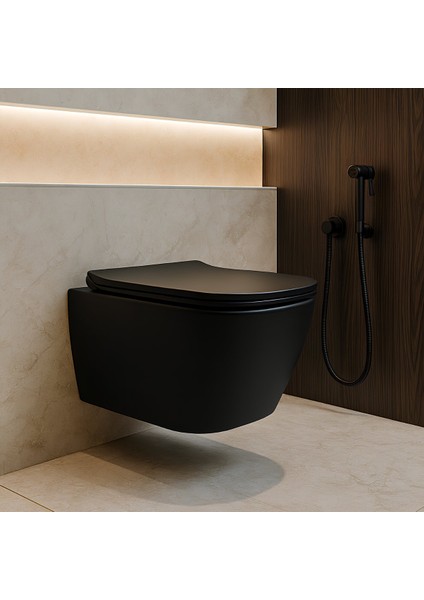 Luna Kanalsız Mat Siyah Asma Klozet LN5610S, Luna Mat Siyah Duroplast Yavaş Kapak