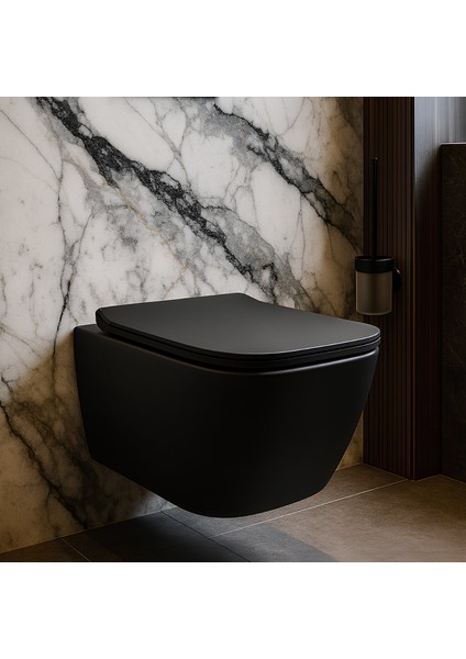 Luna Kanalsız Mat Siyah Asma Klozet LN5610S, Luna Mat Siyah Duroplast Yavaş Kapak fiyatları
