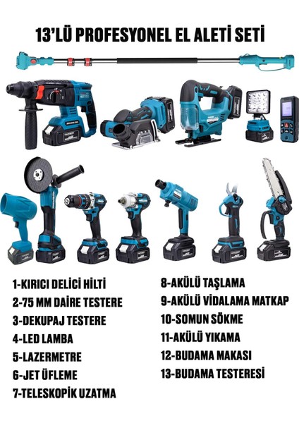 Dawreektech 13'lü Teleskopik Set Kömürsüz Matkap-Taşlama-Üflem-,bijon Sökme-Testere-Makas-Dekupaj-Kırıcı modelleri