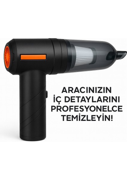 Şarjlı Mini Araç Içi Süpürge 16000PA Vakum + Üfleme, Fırçasız Motor, 3 Kademe Güç, Yıkanabilir Filtre, Type-C Şarjlı