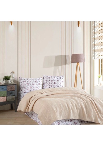 %100 Pamuk Çift Kişilik Pike Takımı - Bej & Çiçek Desenli Şık Set - 4 Parça