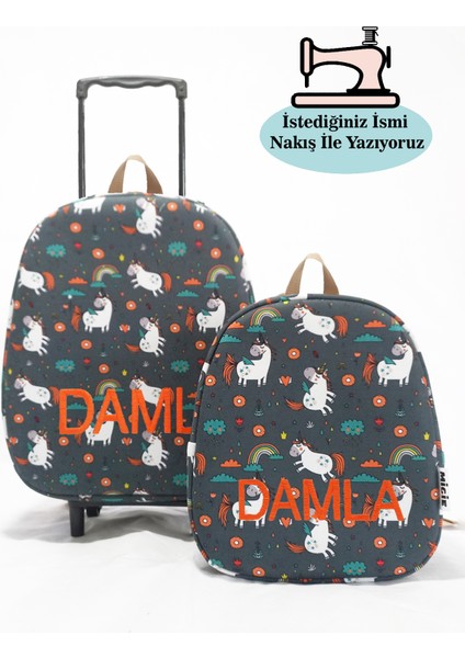 Kişiye Özel Isimli Çekçekli Çanta ve Sırt Çantası Anaokulu/kreş Seti (2'li Set) Unicorn ve Donat 2-5yaş