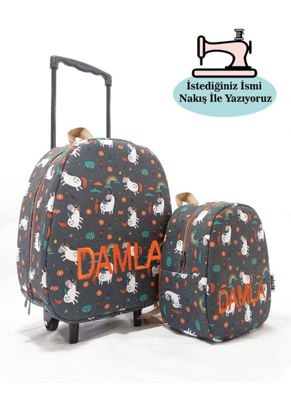Kişiye Özel Isimli Çekçekli Çanta ve Sırt Çantası Anaokulu/kreş Seti (2'li Set) Unicorn ve Donat 2-5yaş modelleri