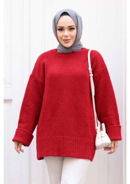 Kırmızı Tesettür Triko Kazak Tunik 87181K