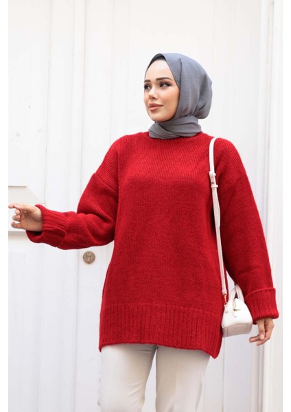 Kırmızı Tesettür Triko Kazak Tunik 87181K fiyatları